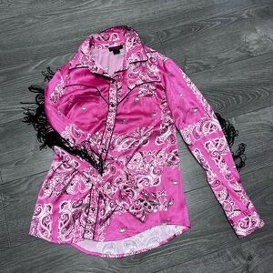 Rock and Roll Denim , Pink Paisley Western Shirt with Fringe